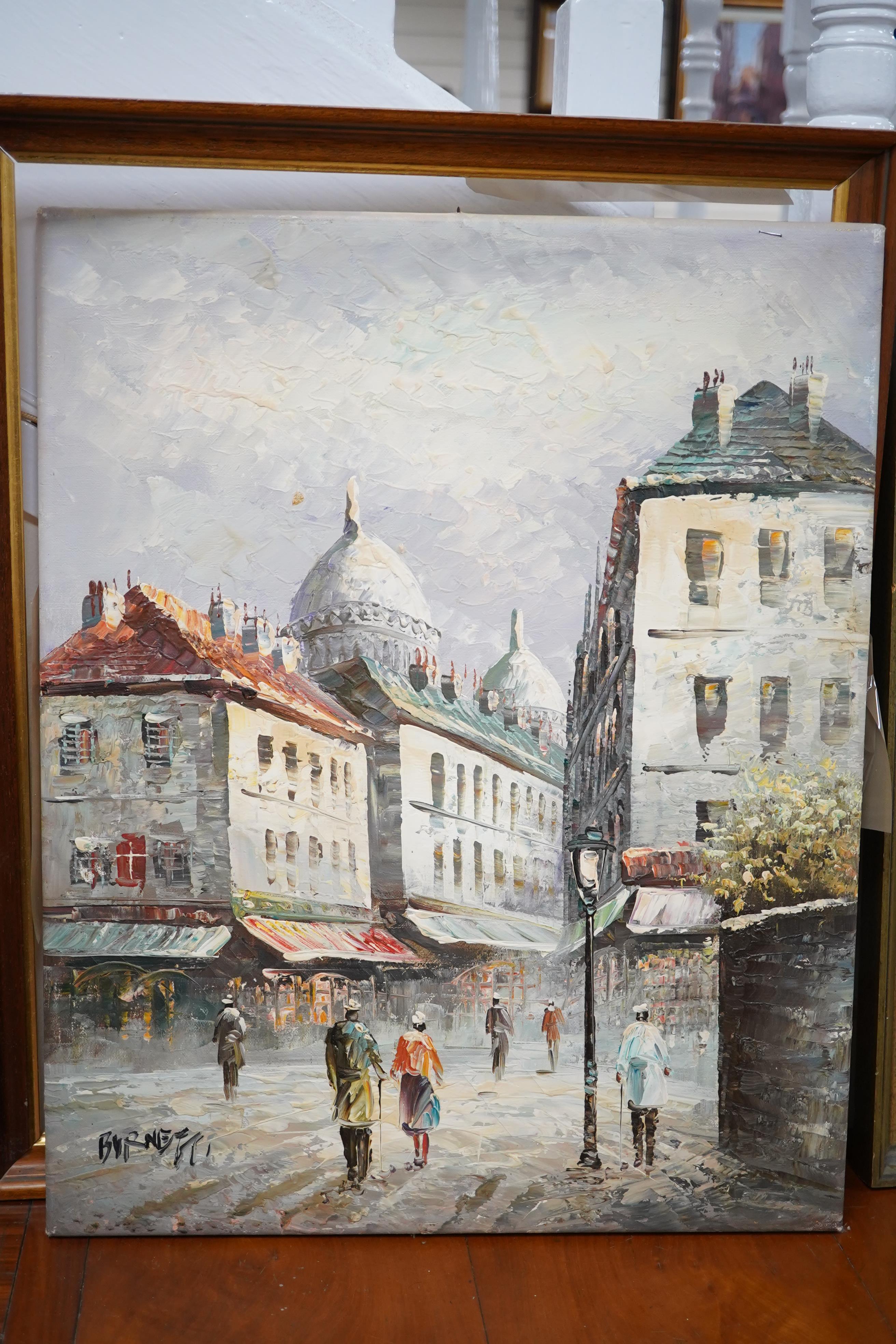 Burnett, two impressionist oils on canvas, Parisian street scenes, each signed, 39 x 49cm. Condition - fair to good, one loose in the frame